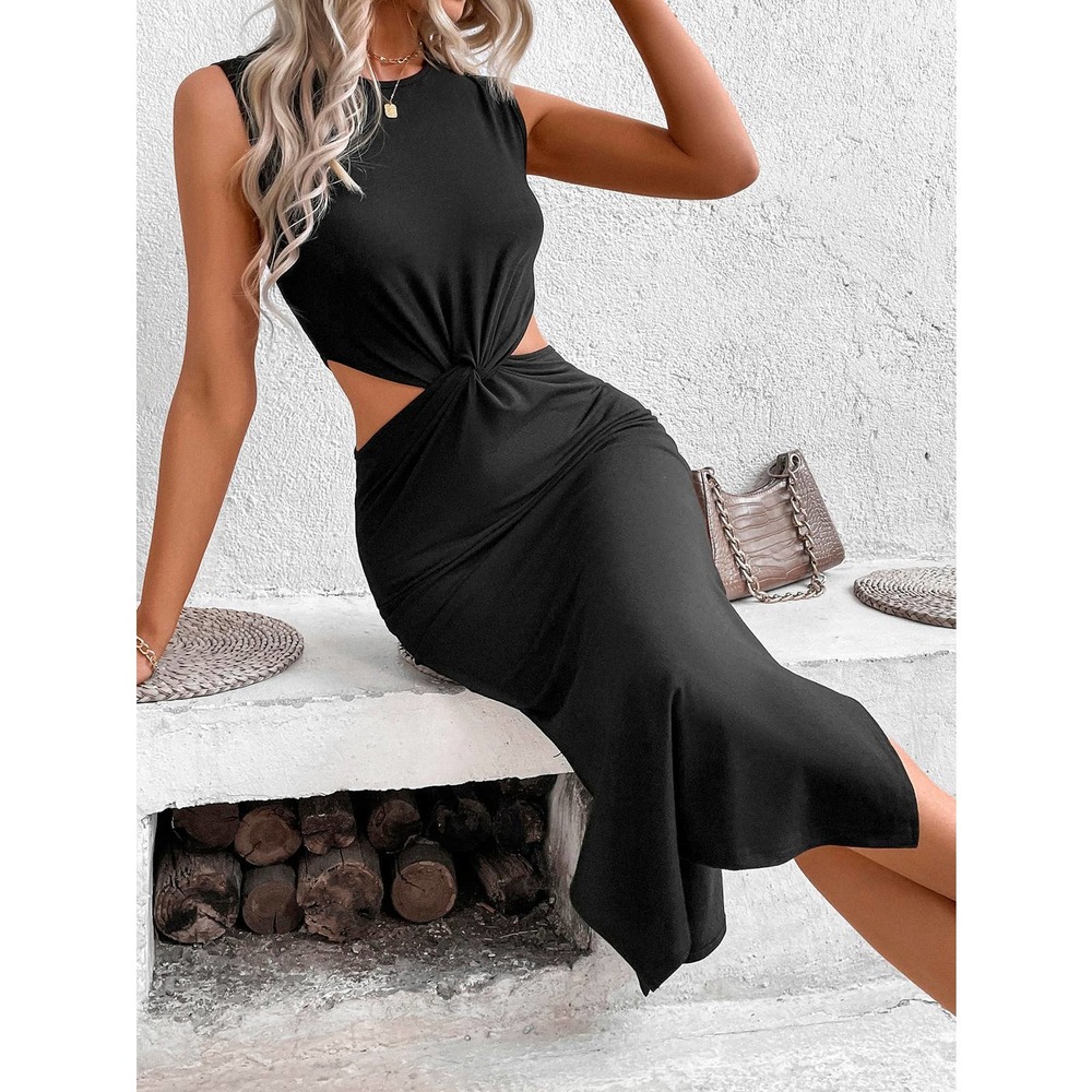 🌟 minimalist Cut Out Waist Twist Front Split Thigh Dress - Picture 1 of 11